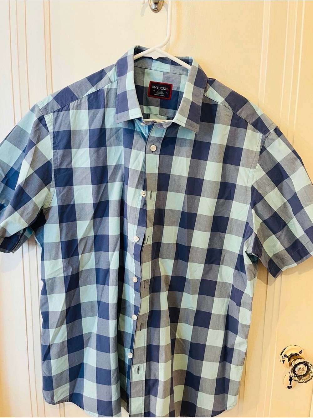 UNTUCKit Short-Sleeve Button-Down in Light Blue & Navy Check